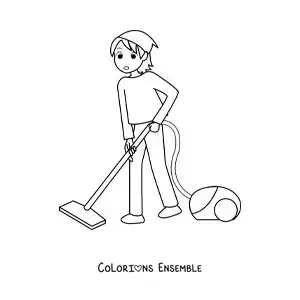 Image à colorier d'une jeune femme passant l'aspirateur sur le sol
