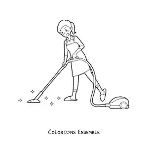 Image à colorier d'une femme au foyer nettoyant le sol avec l'aspirateur