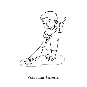 Image à colorier d'un garçon balayant la poussière à la maison