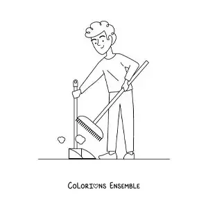 Image à colorier d'un garçon balayant la poussière à la maison avec une pelle
