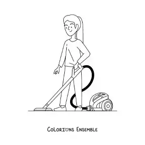 Image à colorier d'une fille aspirant la poussière à la maison