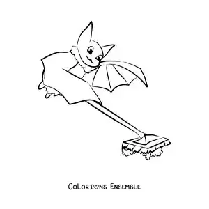 Image à colorier d'une chauve-souris animée lavant le sol à la serpillière