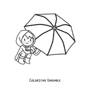Image à colorier d'un garçon kawaii assis avec une ombrelle