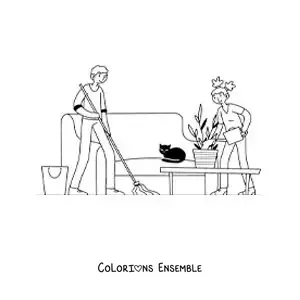 Image à colorier d'un couple faisant les tâches ménagères