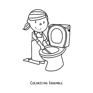 Image à colorier d'une femme animée nettoyant les toilettes