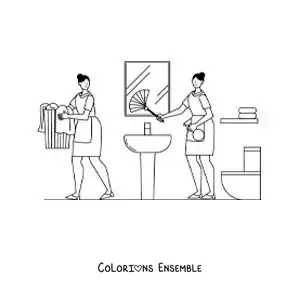 Image à colorier de deux filles nettoyant une salle de bain