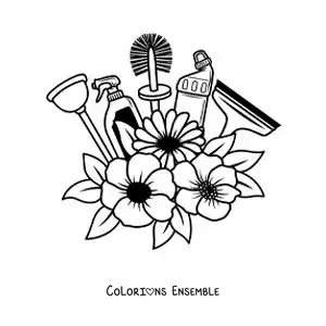 Image à colorier d'articles de nettoyage pour la salle de bain avec des fleurs