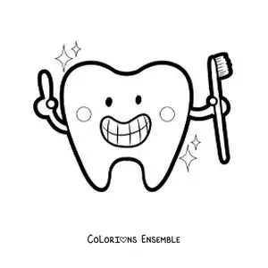 Image à colorier d'une dent animée kawaii avec une brosse à dents