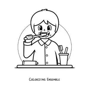 Image à colorier d'un garçon animé se brossant les dents