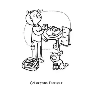 Image à colorier d'un garçon utilisant un bain de bouche en rentrant de l'école