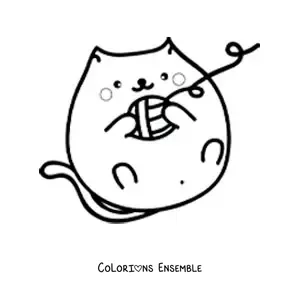 Image à colorier d’un chat kawaii allongé jouant avec une pelote de laine