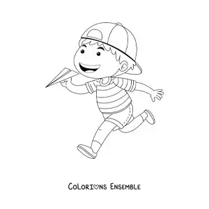 Image à colorier d'un garçon qui court en tenant un avion en papier