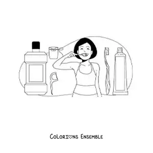 Image à colorier d'une fille se brossant les dents avec un bain de bouche et du fil dentaire