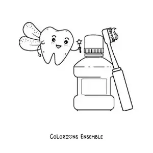 Image à colorier de la fée des dents à côté du dentifrice et du bain de bouche