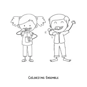 Image à colorier d'un dessin de deux enfants se brossant les dents