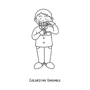 Image à colorier d'un garçon se brossant les dents avant de dormir