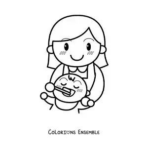 Image à colorier d'une mère brossant les dents de son bébé