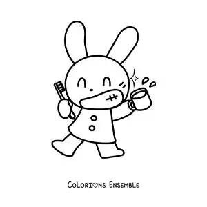 Image à colorier d'un lapin kawaii se brossant les dents
