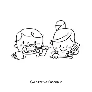 Image à colorier d'une fille et d'un garçon se brossant les dents