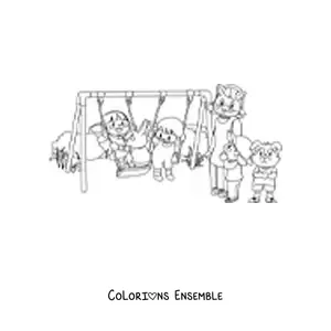 Image à colorier de plusieurs enfants qui jouent dans le parc avec des lapins animés