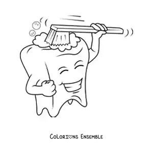Image à colorier d'un dessin d'une dent animée se brossant