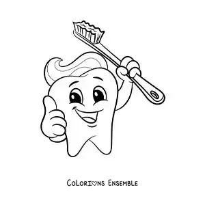 Image à colorier d'un dessin d'une dent animée avec une brosse à dents