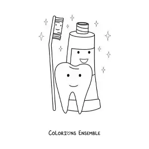 Image à colorier d'une dent animée à côté d'un tube de dentifrice et d'une brosse