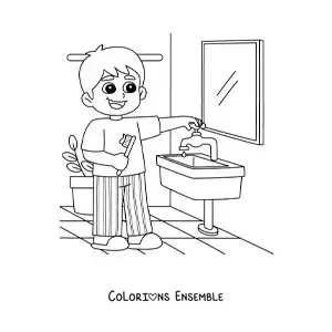 Image à colorier d'un garçon se brossant les dents dans la salle de bain