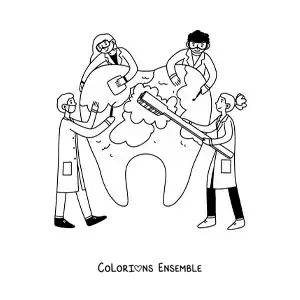 Image à colorier d'un groupe de dentistes brossant une dent géante