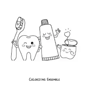 Image à colorier d'articles d'hygiène dentaire kawaii animés