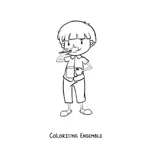 Image à colorier d'un garçon se brossant les dents et utilisant un bain de bouche