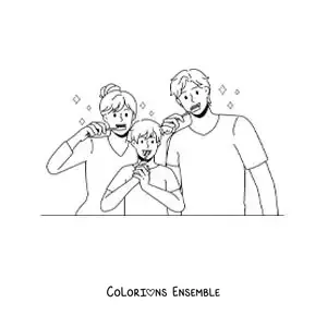 Image à colorier d'une famille animée se brossant les dents