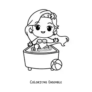 Image à colorier d'une sirène kawaii prenant un bain