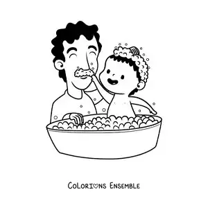 Image à colorier d'un père donnant le bain à son enfant