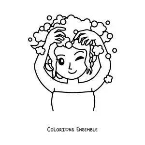 Dessin à colorier d’une fille kawaii qui se lave les cheveux avec du shampoing