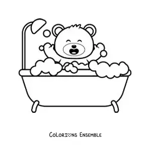 Dessin à colorier d’un petit ours kawaii qui prend un bain