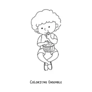Image à colorier d'un garçon assis qui mange du pop-corn