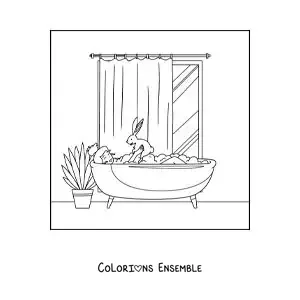 Dessin à colorier d’une fille qui prend un bain avec son lapin de compagnie