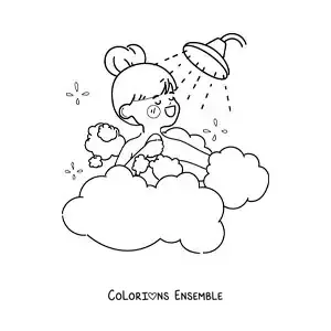 Dessin à colorier d’une fille kawaii qui se lave sous la douche