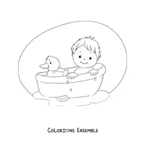 Dessin à colorier d’un bébé dans la baignoire avec un canard en caoutchouc