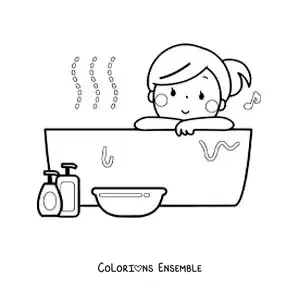 Dessin à colorier d’une fille kawaii dans la baignoire en écoutant de la musique