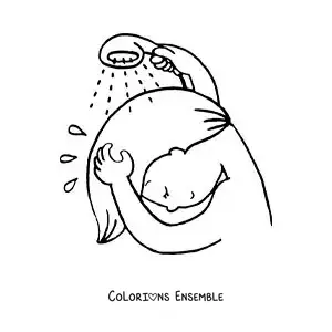 Dessin à colorier d’une petite fille qui se rince les cheveux