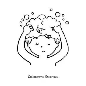 Dessin à colorier d’une petite fille qui se lave les cheveux avec du shampoing