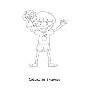 Image à colorier d'un garçon qui joue avec une marionnette