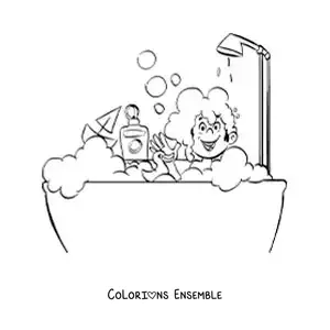 Dessin à colorier d’un petit garçon qui joue dans la baignoire