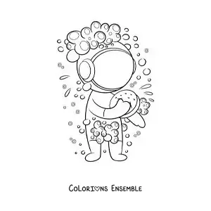 Dessin à colorier d’un astronaute rigolo qui prend une douche