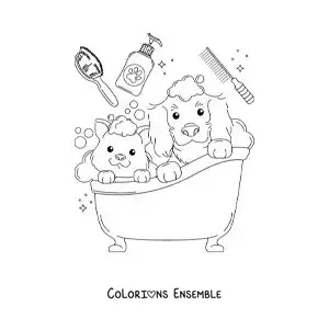 Dessin à colorier d’un chien et d’un chat tout mignons qui prennent un bain
