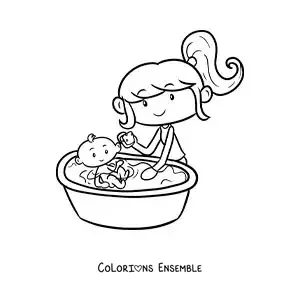 Dessin à colorier d’une petite fille qui donne le bain à sa petite sœur bébé