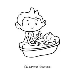 Dessin à colorier d’un petit garçon qui donne le bain à son petit frère bébé