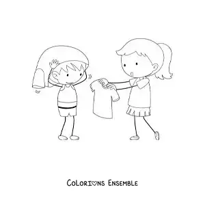 Dessin à colorier d’une fille qui aide son petit frère à s’habiller
